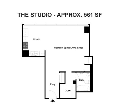 A floor plan of a studio apartment with a kitchen, closet, bath, and living space.